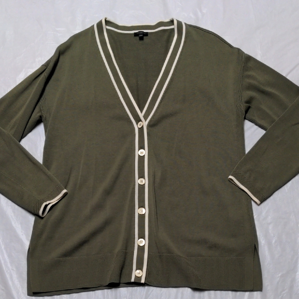 Talbots Tan/Green White Trim Preppy Cardigan Sweater Size Large